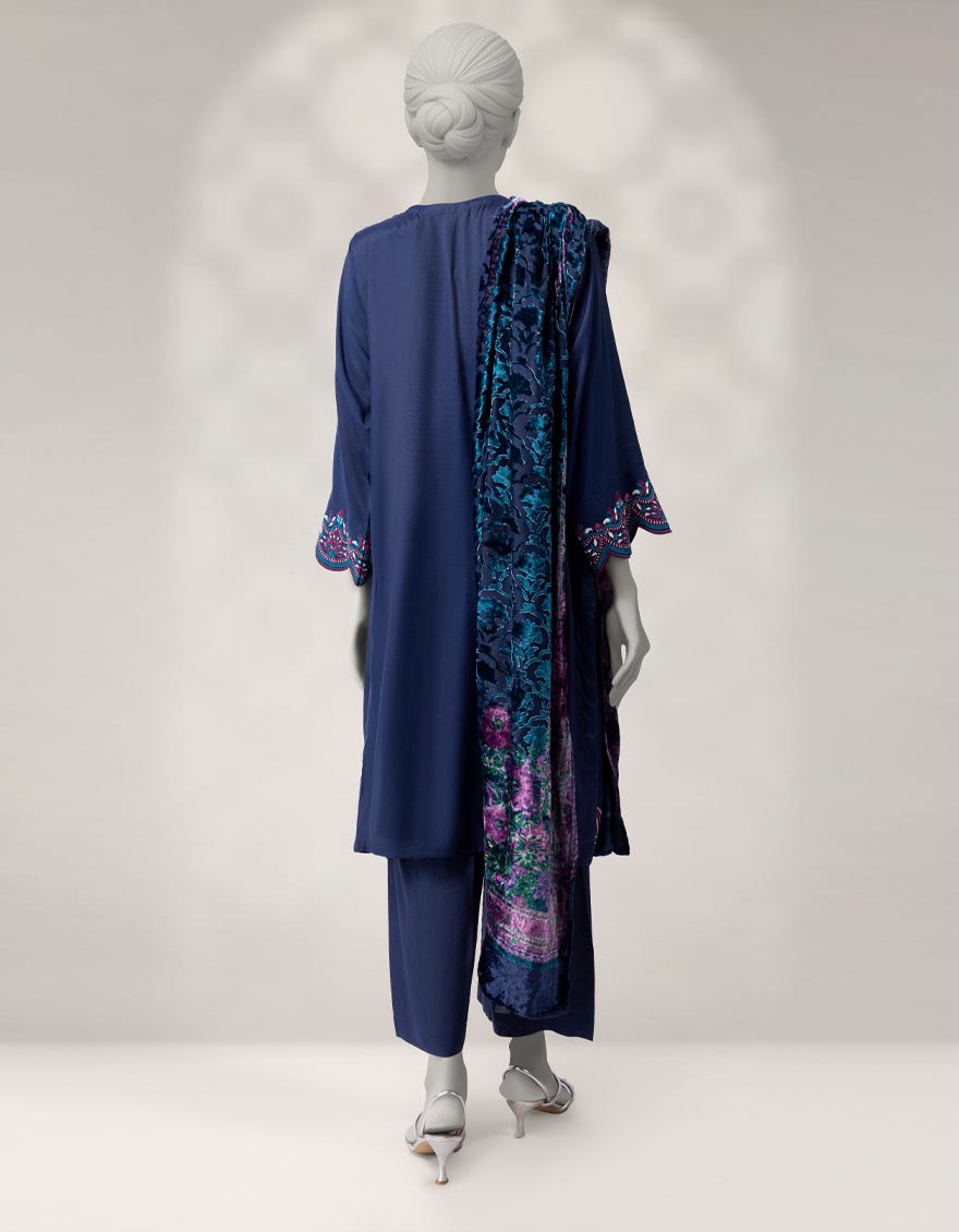 BLUE MAPLE SILK EMBROIDERED 3PC STITCHED