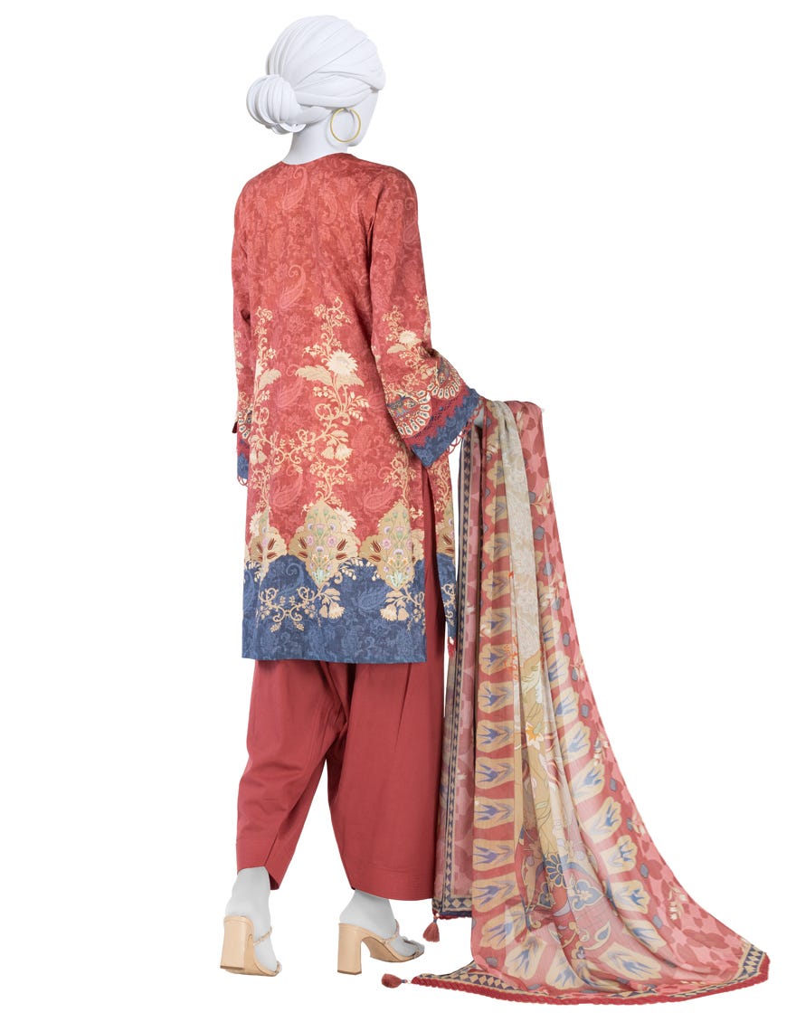 RED PRINTED LAWN UNSTITCHED 3PC