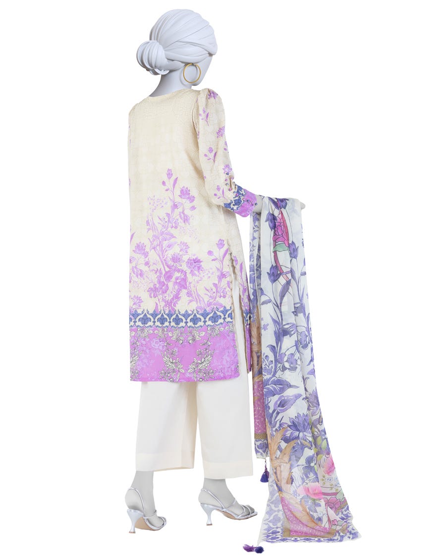 BEIGE PRINTED LAWN UNSTITCHED 3PC