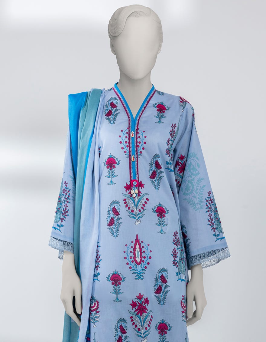 BLUE LAWN PRINTED UNSTITCHED 3PC