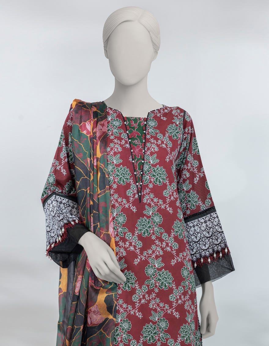 MAROON LAWN PASTE PRINTED UNSTITCHED 3PC