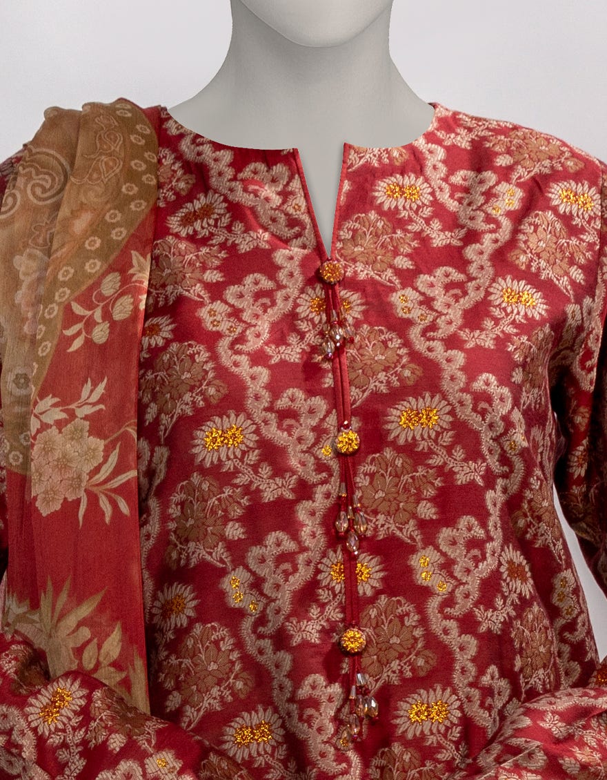 RED JACQUARD DYED UNSTITCHED 3PC