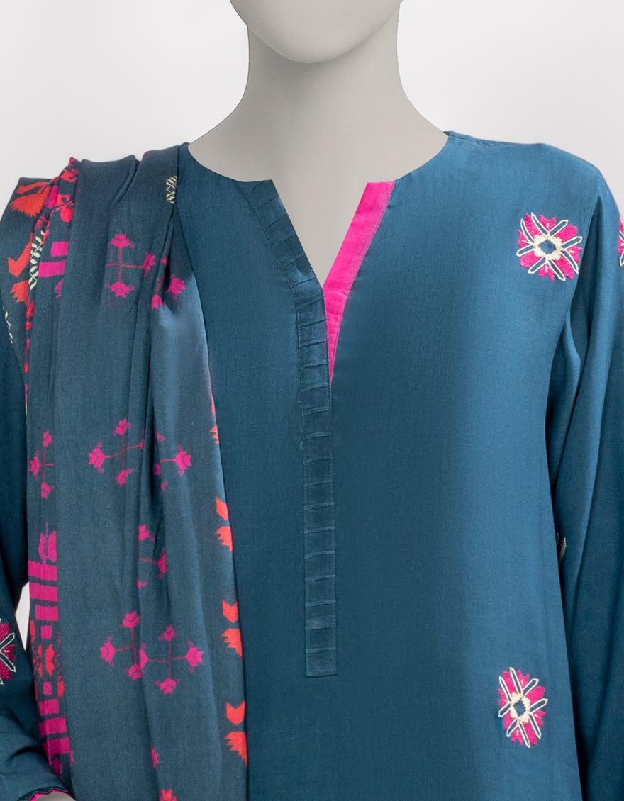 BLUE LINEN EMBROIDERED UNSTITCHED 3PC