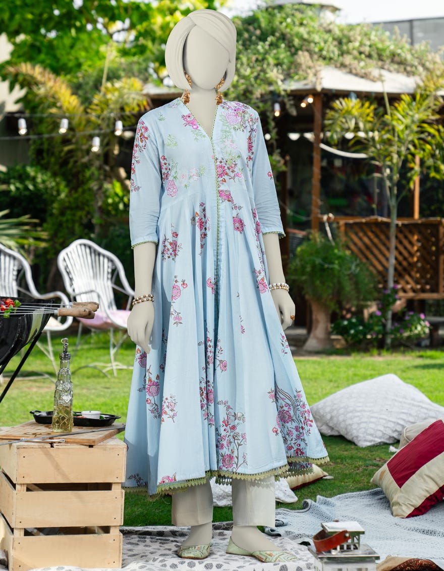 BLUE COTTON LAWN EMBROIDERED KURTA  J.