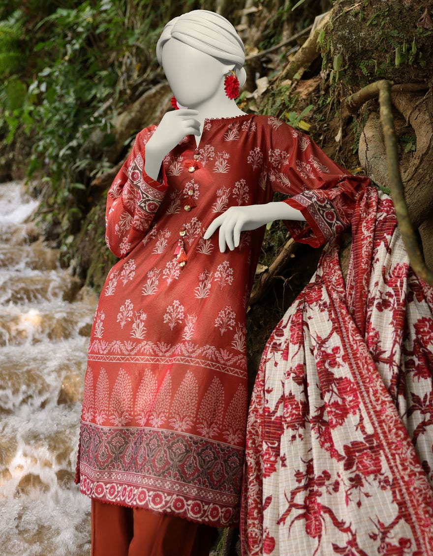 BROWN ZARI TAR LAWN PRINTED UNSTITCHED 3PC | JLAWN-S-25-816