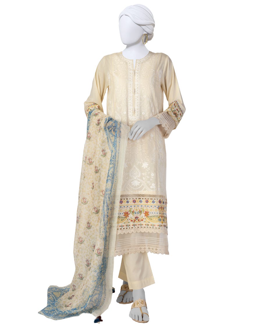 OFF WHITE LAWN SCHIFFLI UNSTITCHED 3PC