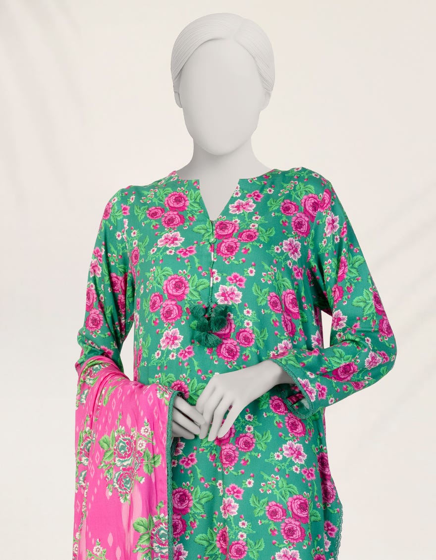 GREEN DIGITAL PRINTED LINEN UNSTITCHED 3PC