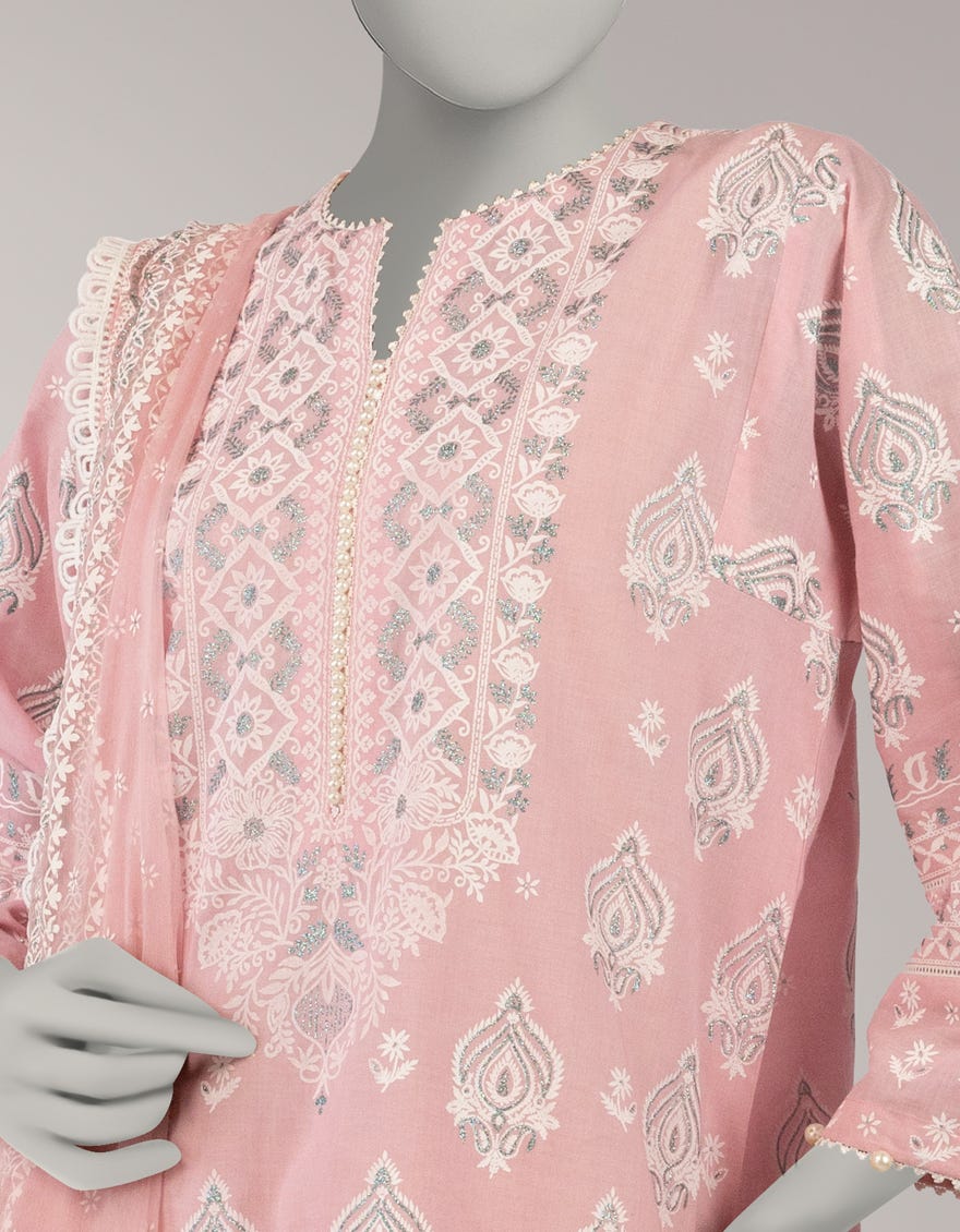 PINK LAWN PASTE PRINTED UNSTITCHED 3PC
