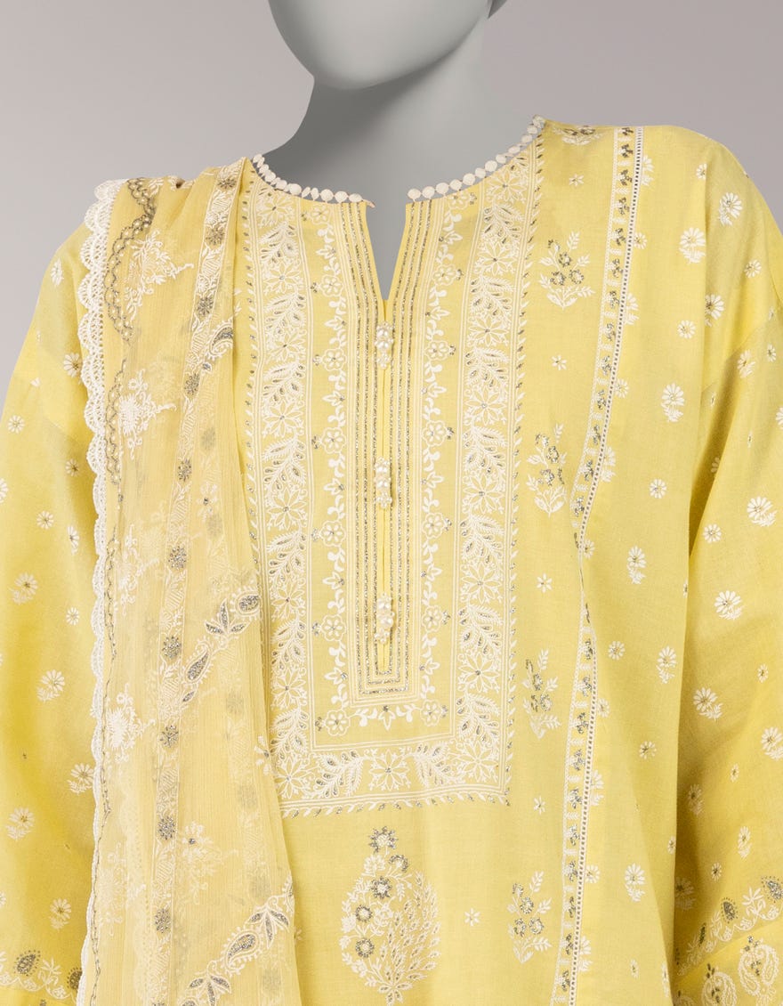 YELLOW LAWN PASTE PRINTED UNSTITCHED 3PC
