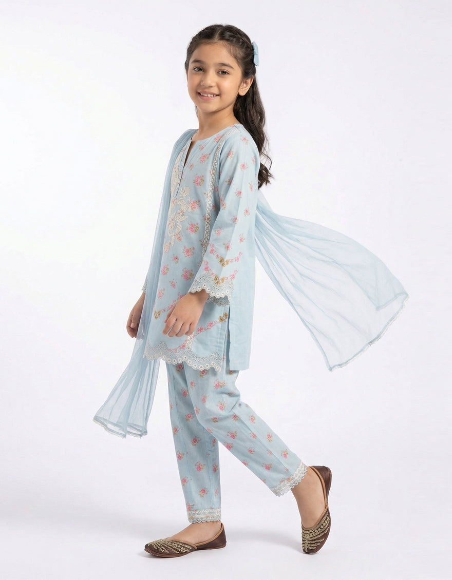SKY BLUE LAWN SILK SCHIFFLI STITCHED 3PC
