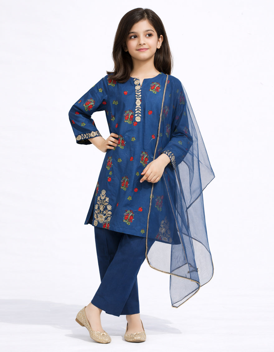 BLUE LAWN EMBROIDERED STITCHED 3PC