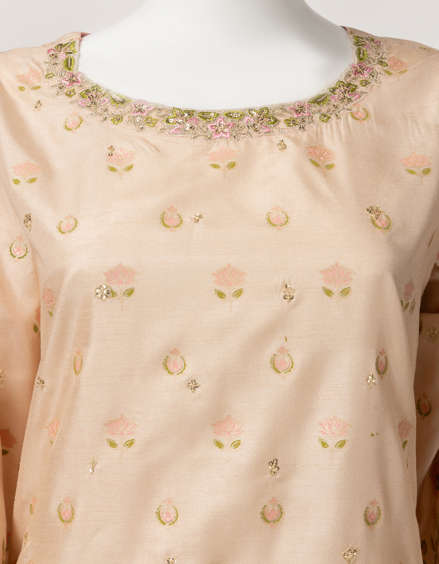 BEIGE RAW SILK EMBROIDERED KURTA