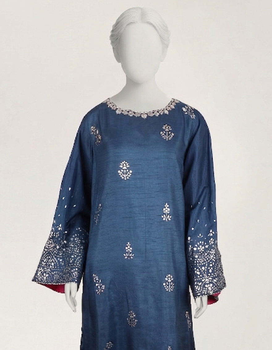 BLUE RAW SILK EMBROIDERED KURTA