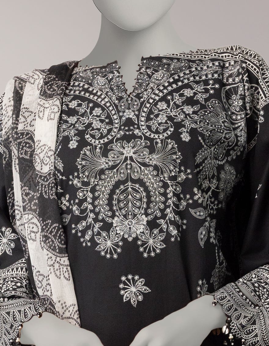 BLACK LAWN PRINTED 3PC UNSTITCHED