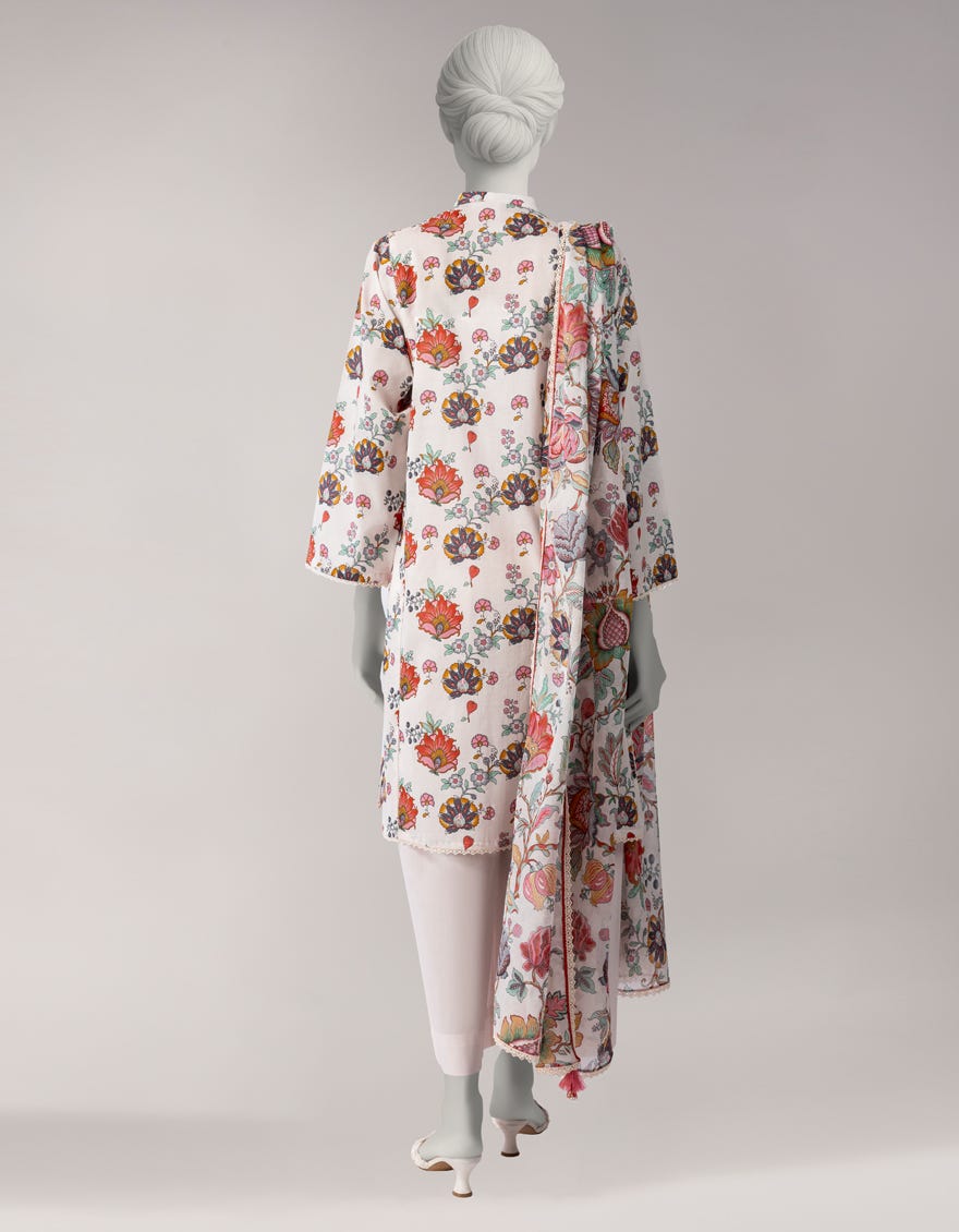 WHITE LAWN PRINTED UNSTITCHED 3PC