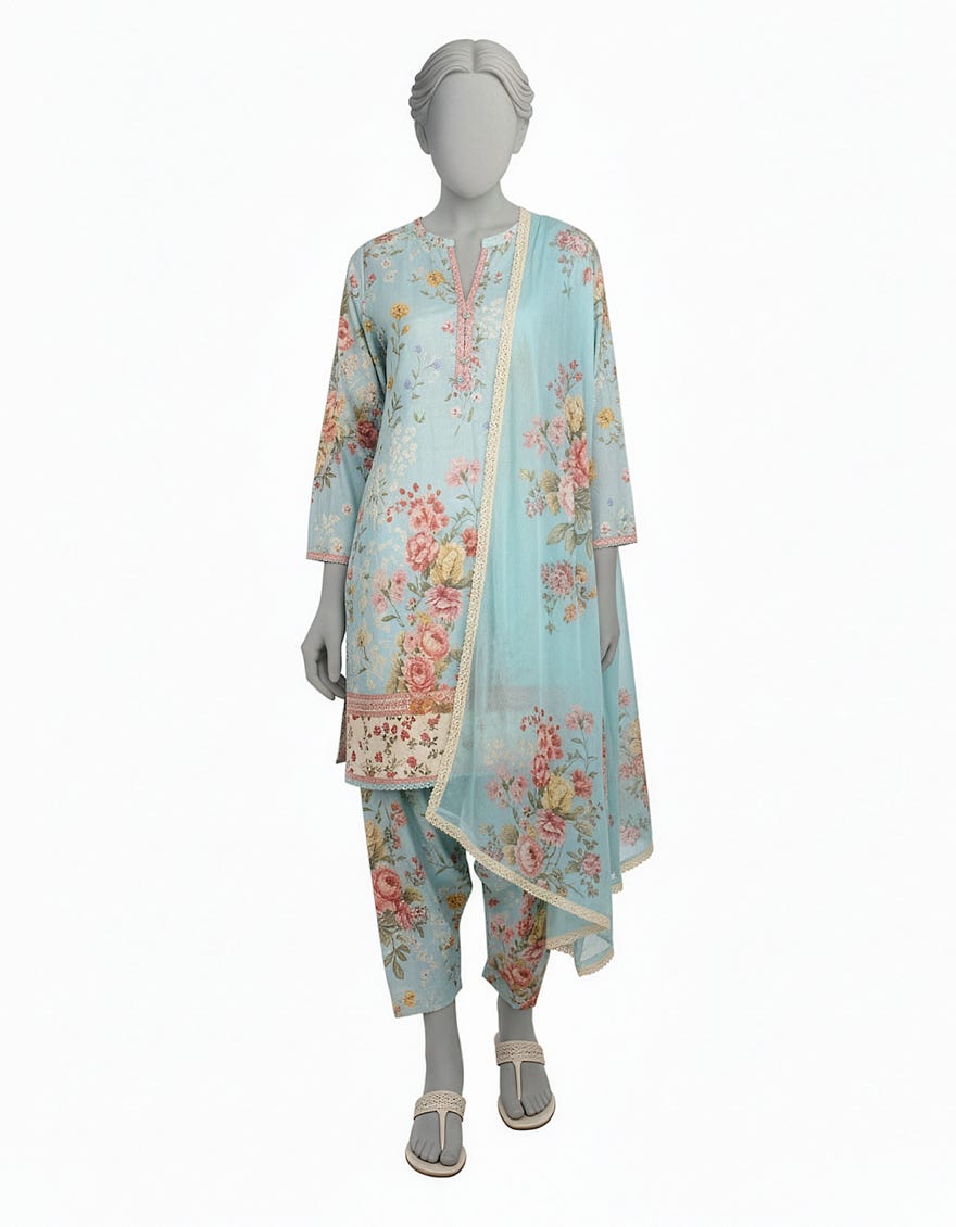BLUE DOBBY DIGITAL PRINTED STITCHED 3PC