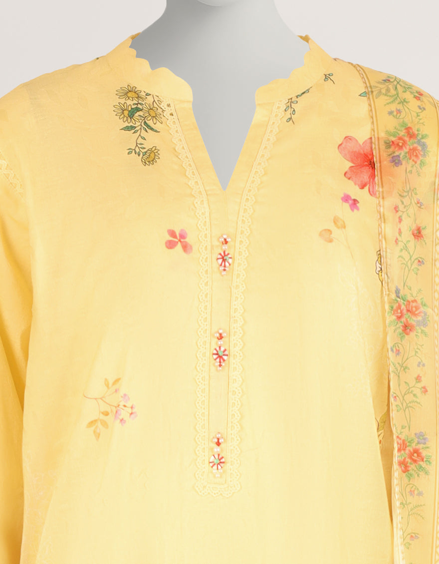 YELLOW DOBBY DIGITAL PRINTED 3PC STITCHED