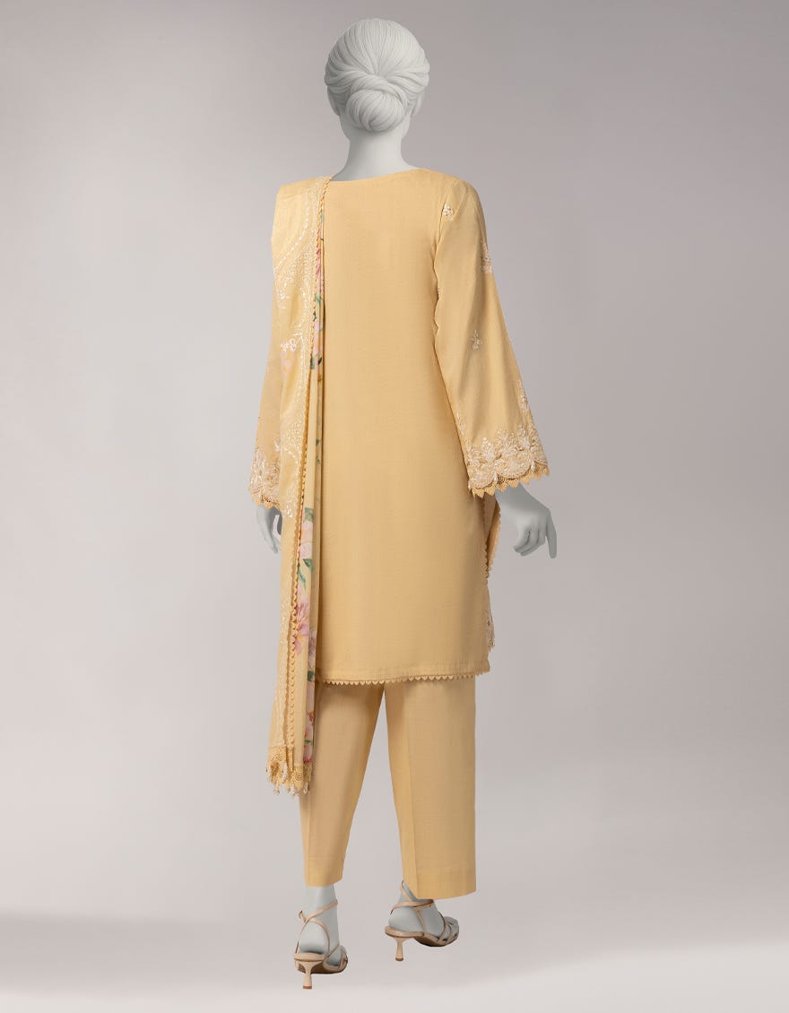YELLOW DOBBY EMBROIDERED UNSTITCHED 3PC