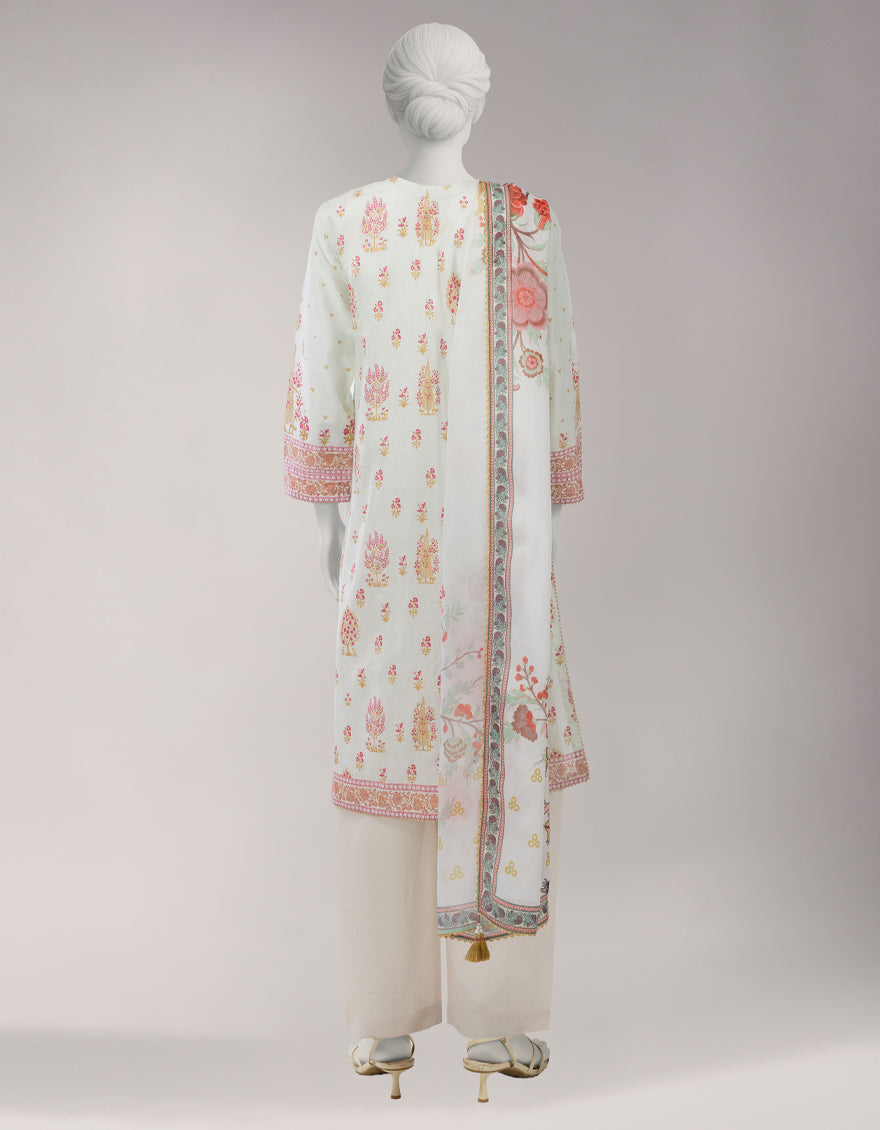 White Jacquard Digital Printed Unstitched 3Pc