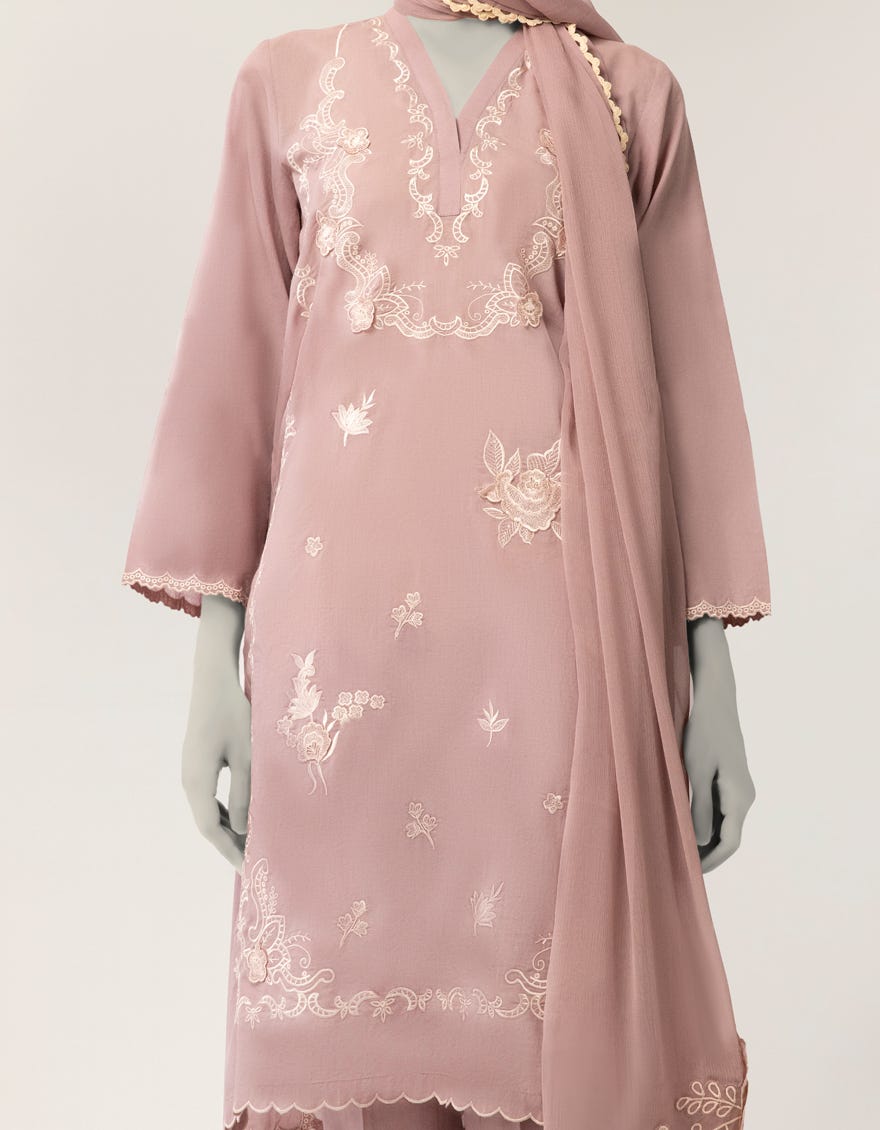 PINK DOBBY EMBROIDERED STITCHED 3PC