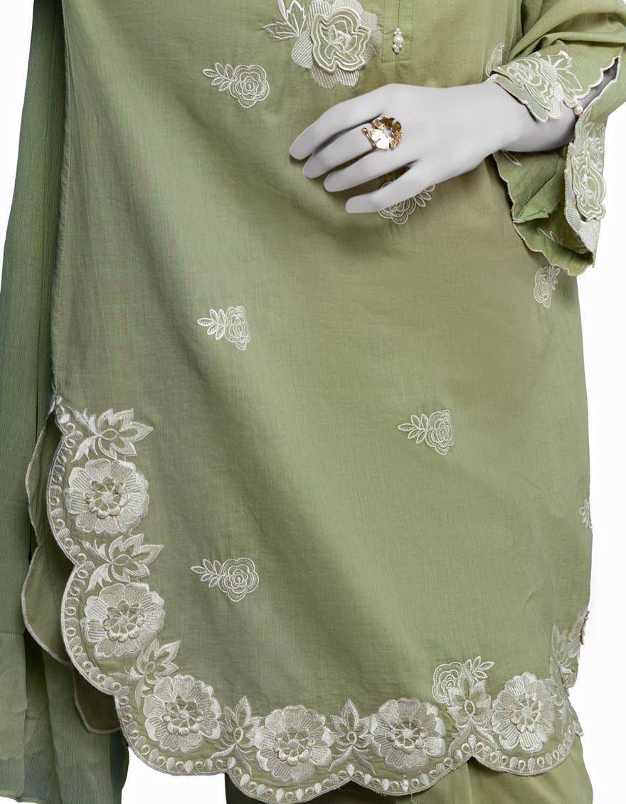 GREEN DOBBY EMBROIDERED 3PC STITCHED