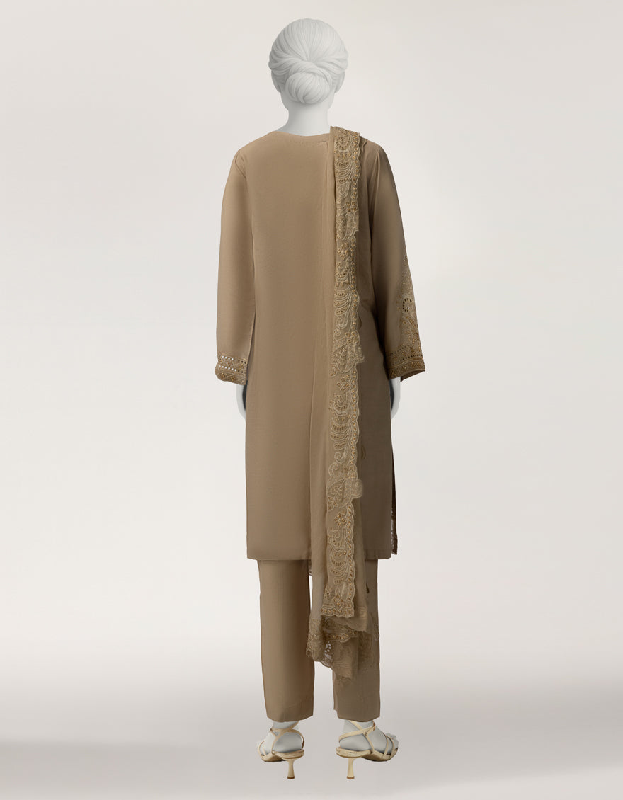 GOLDEN RAW SILK EMBROIDERED STITCHED 3PC