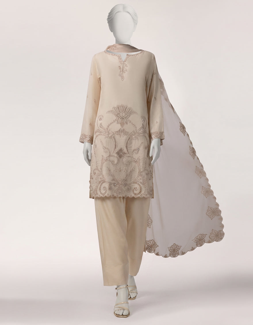 OFF WHITE RAW SILK EMBROIDERED STITCHED 3PC