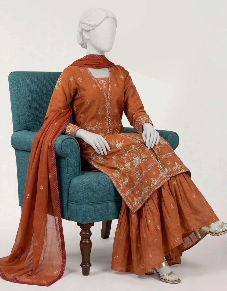 Orange Raw Silk Embroidered Stitched 3Pc