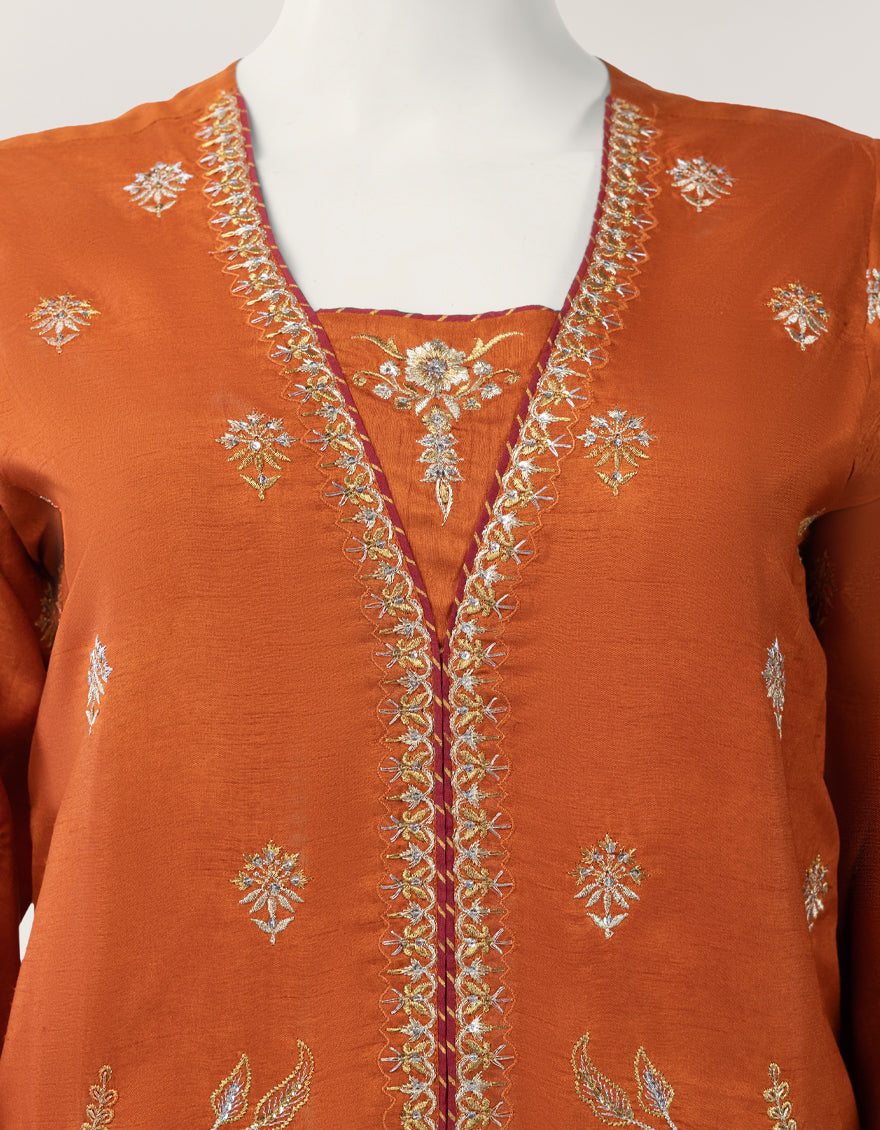 Orange Raw Silk Embroidered Stitched 3Pc
