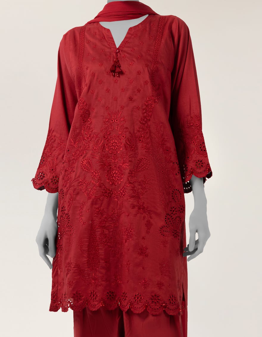 RED LAWN SCHIFFLI STITCHED 3PC