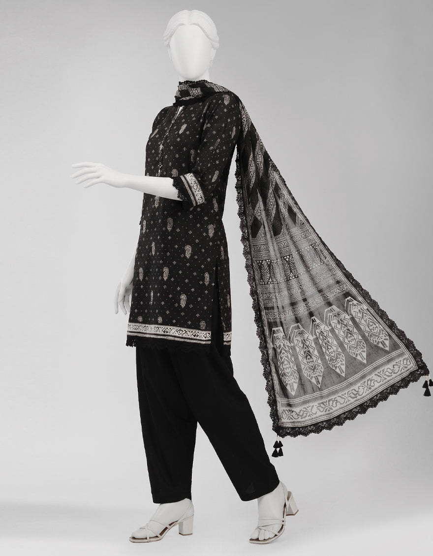 Black Lawn Printed Unstitched 3Pc