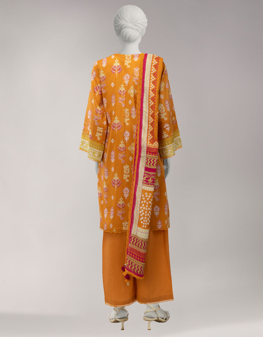 Orange Lawn Printed Unstitched 3Pc