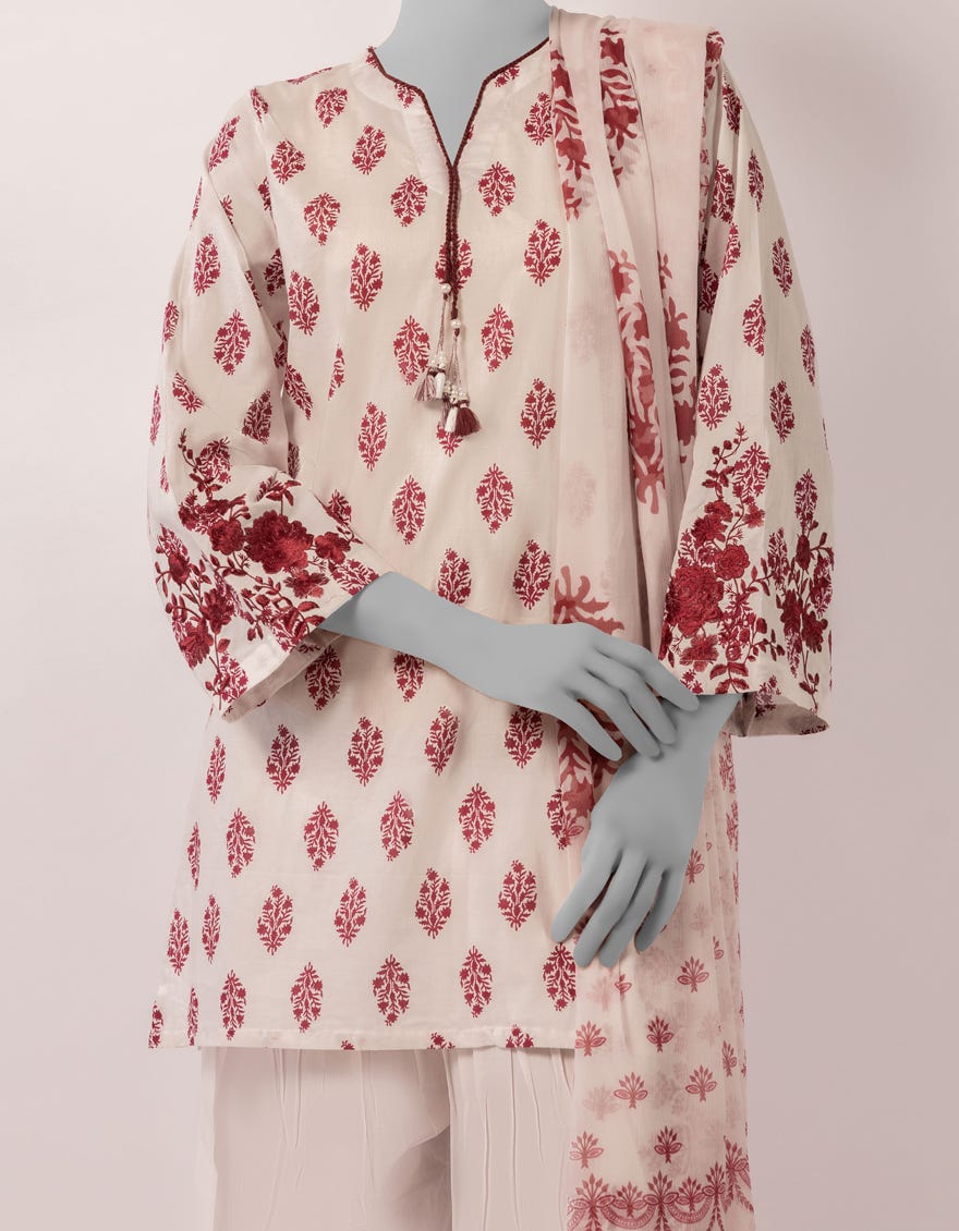 WHITE LAWN EMBROIDERED STITCHED 3PC