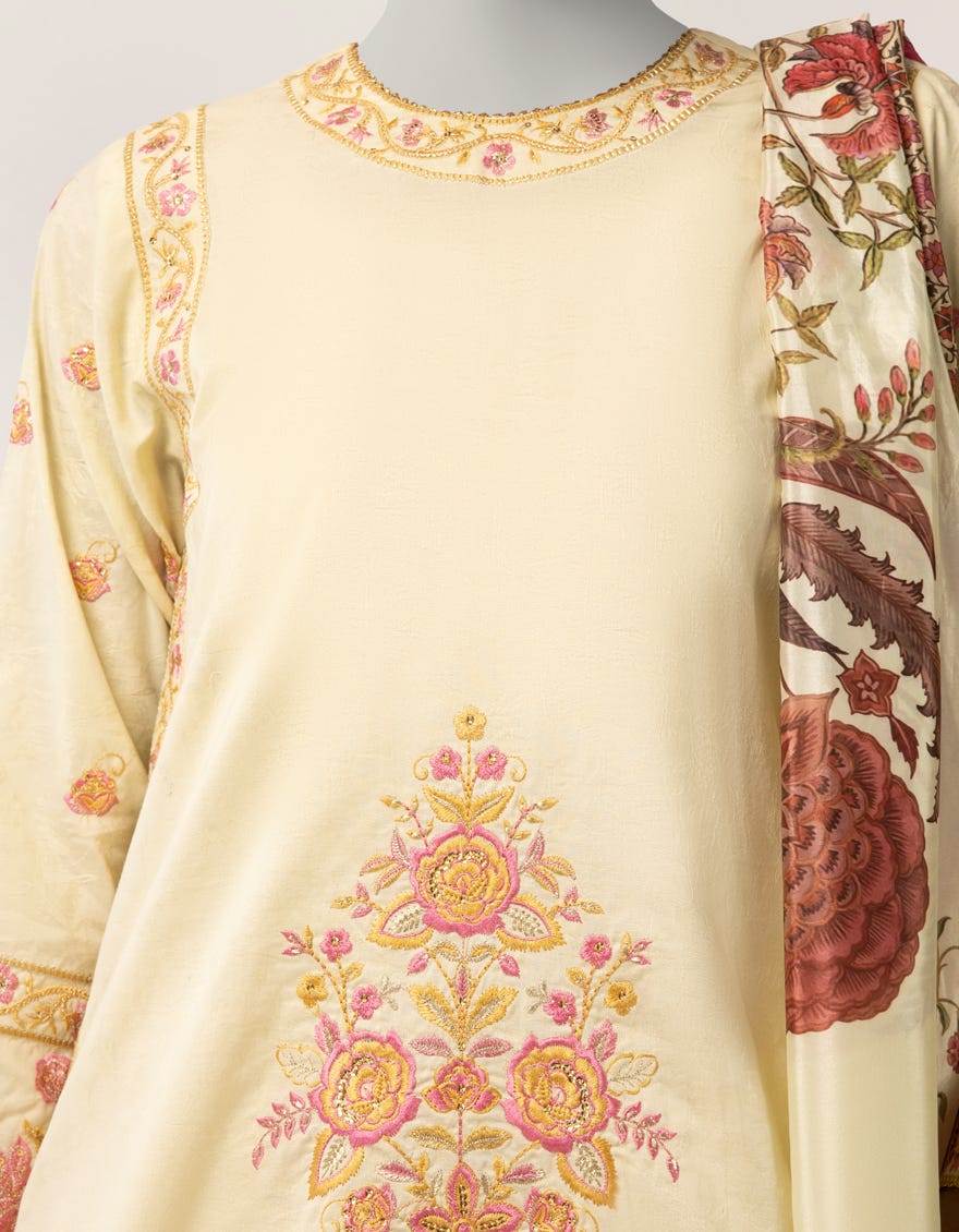 CREAM DOBBY EMBROIDERED STITCHED 3PC