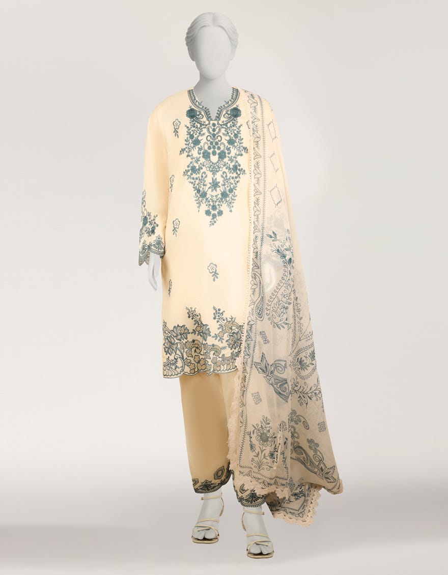 OFF WHITE LAWN EMBROIDERED STITCHED 3PC