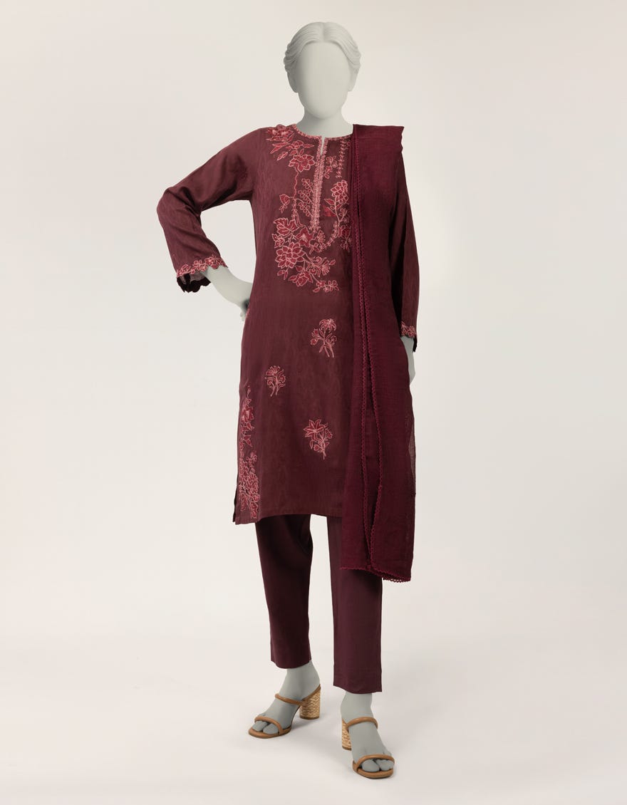 MAROON DOBBY EMBROIDERED STITCHED 3PC