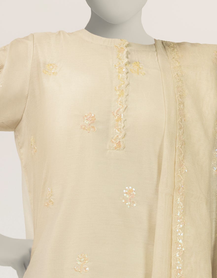 OFF WHITE COTTON SILK EMBROIDERED STITCHED 3PC