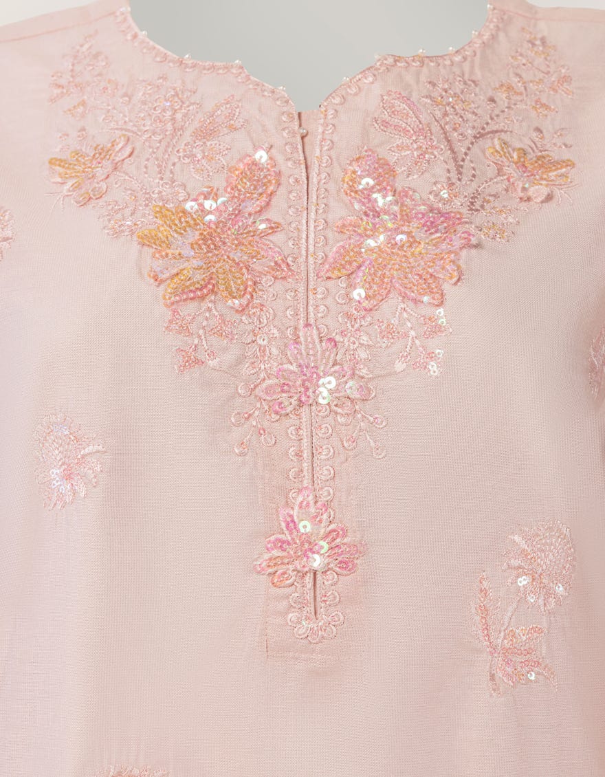 PINK COTTON SILK EMBROIDERED STITCHED 3PC