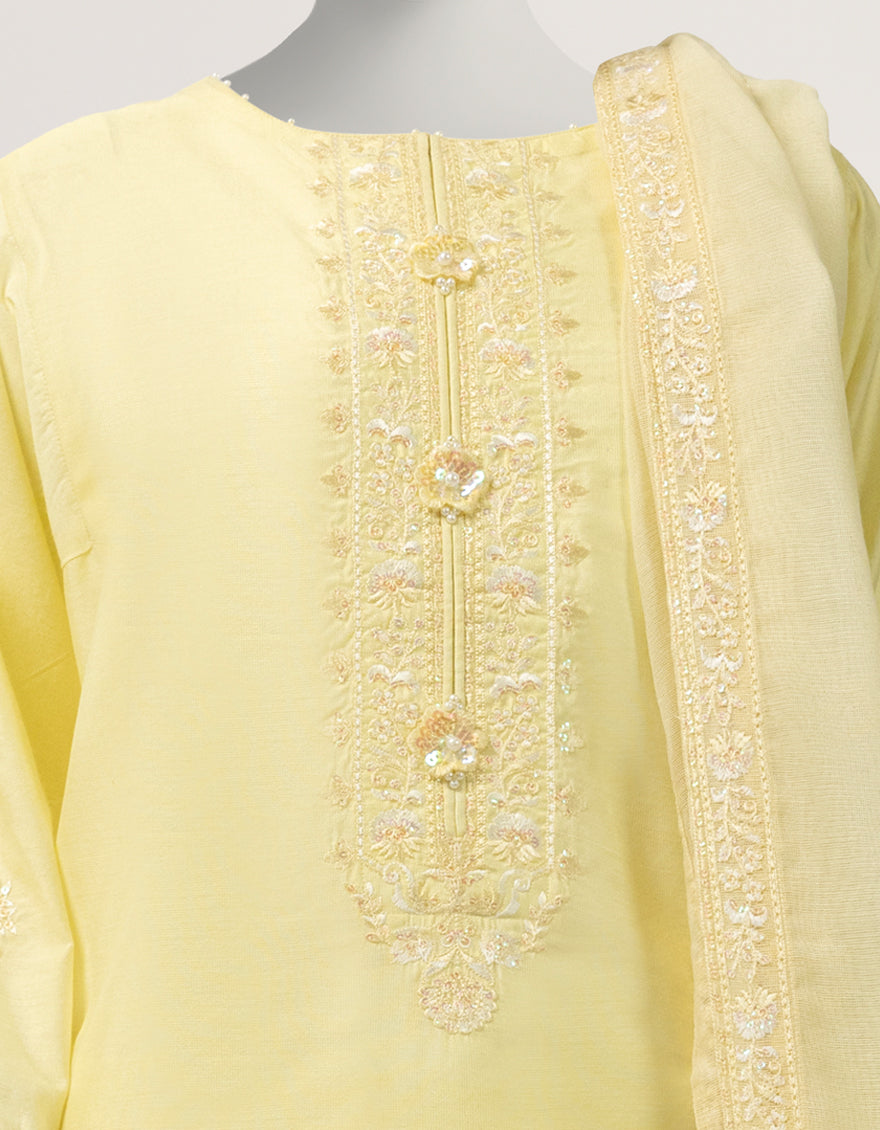 YELLOW COTTON SILK EMBROIDERED STITCHED 3PC