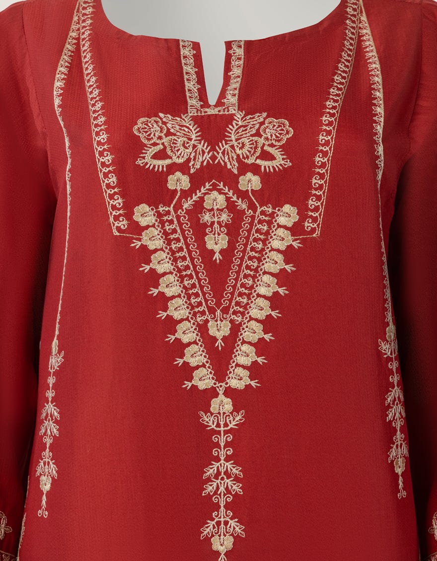 RED DOBBY EMBROIDERED STITCHED 3PC