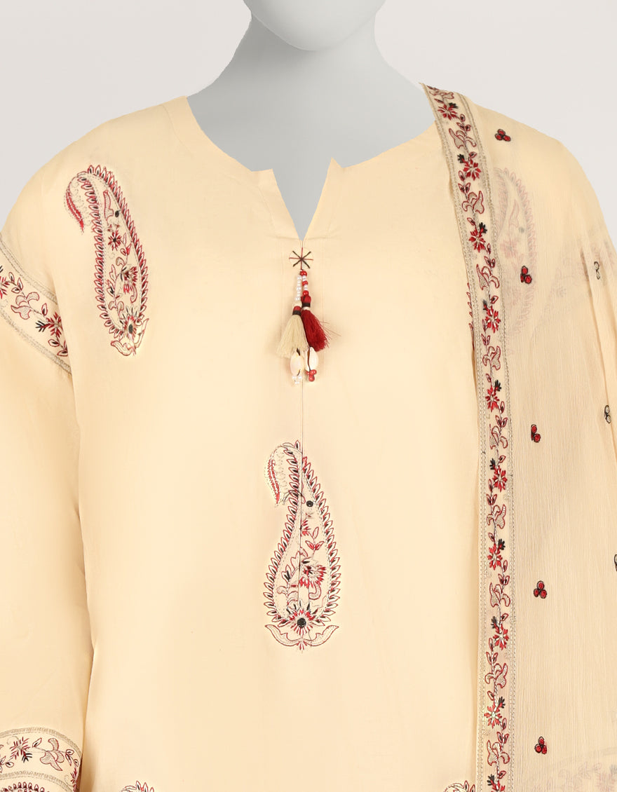 BEIGE LAWN EMBROIDERED STITCHED 3PC