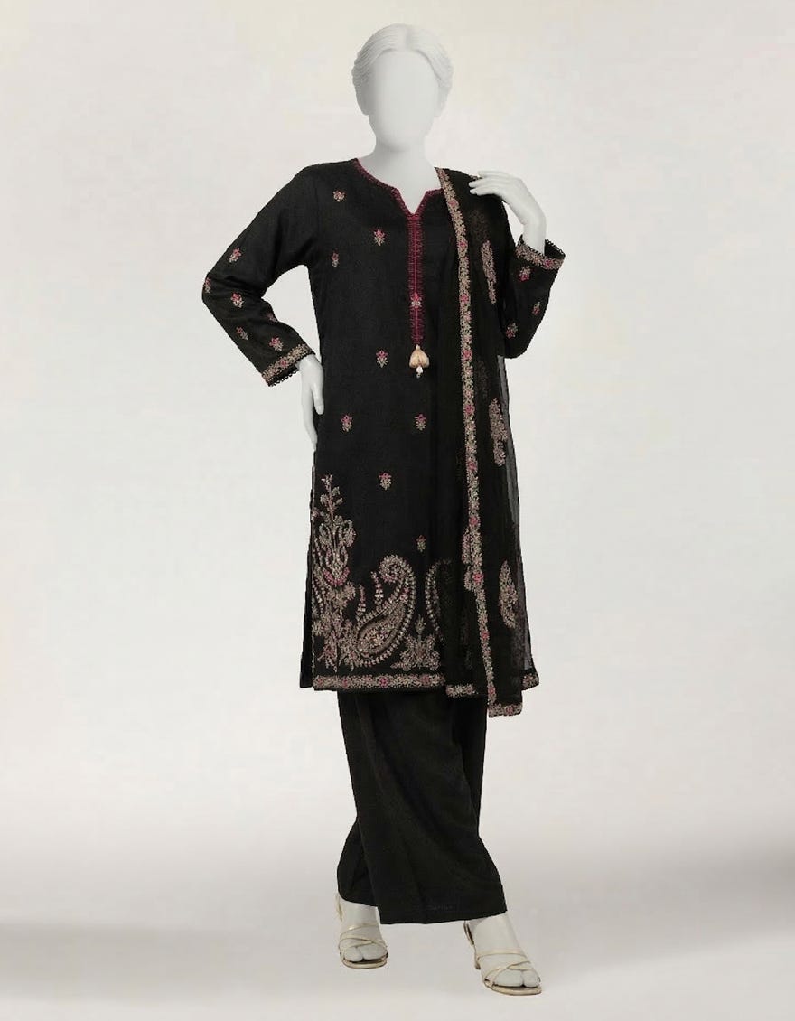BLACK LAWN EMBROIDERED STITCHED 3PC