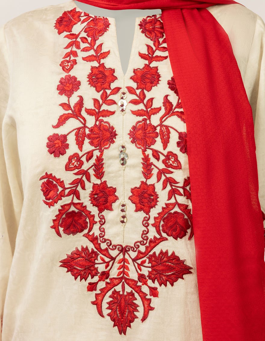 WHITE DOBBY EMBROIDERED STITCHED 3PC