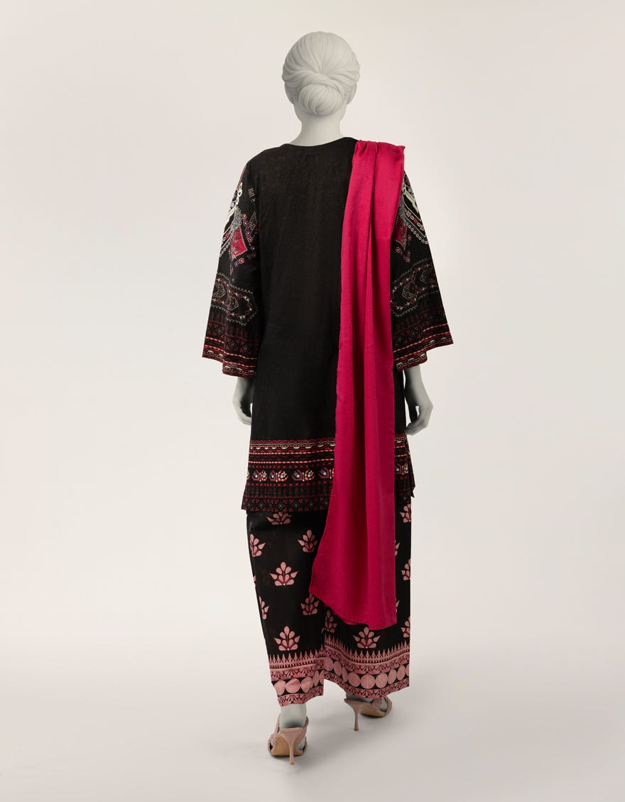 BLACK DOBBY EMBROIDERED STITCHED 3PC