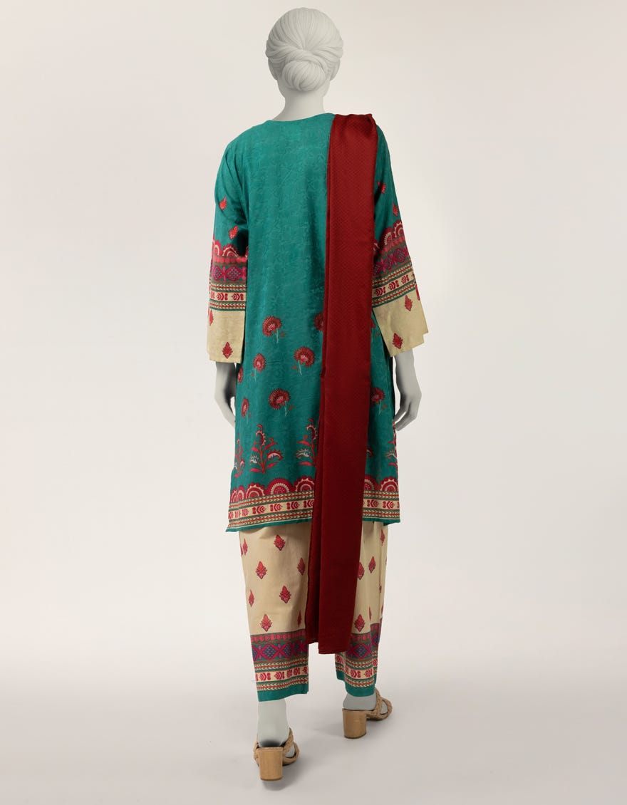 GREEN DOBBY EMBROIDERED STITCHED 3PC