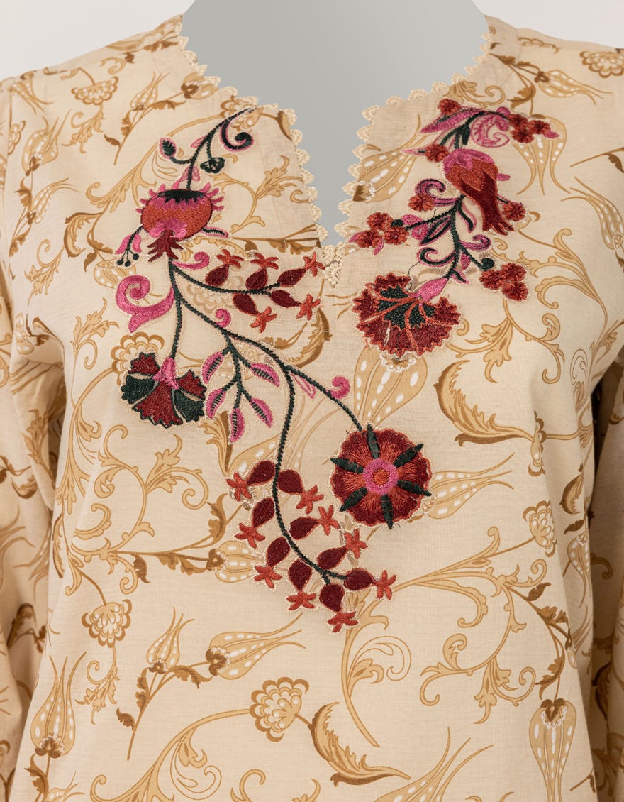 BEIGE LAWN EMBROIDERED STITCHED 3PC