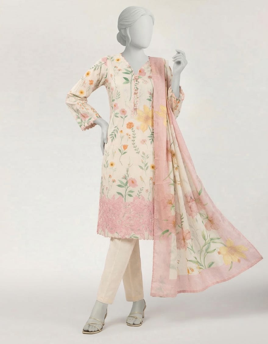 OFF WHITE LAWN EMBROIDERED STITCHED 3PC