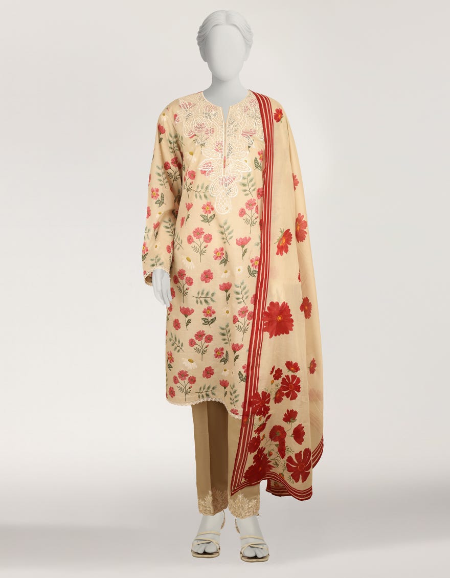 BEIGE LAWN EMBROIDERED STITCHED 3PC