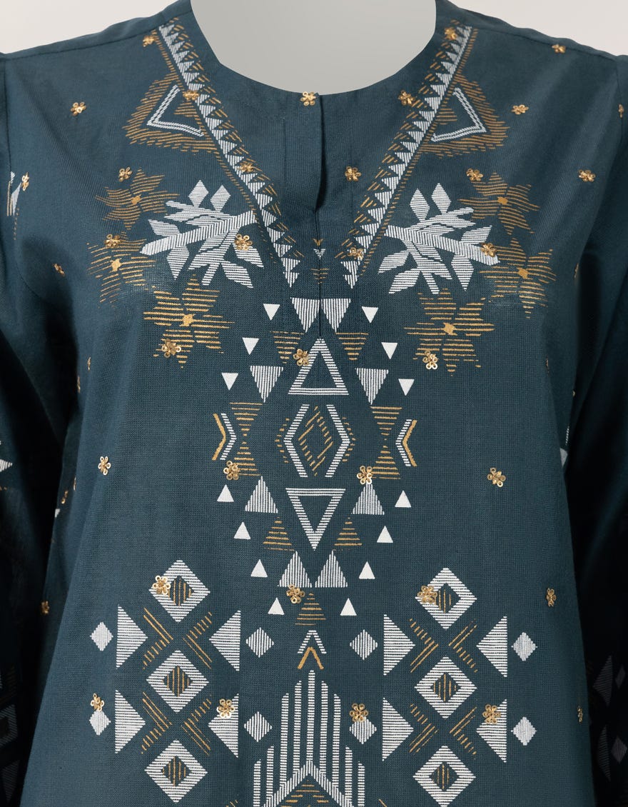 TEAL COTTON SILK EMBROIDERED STITCHED 3PC