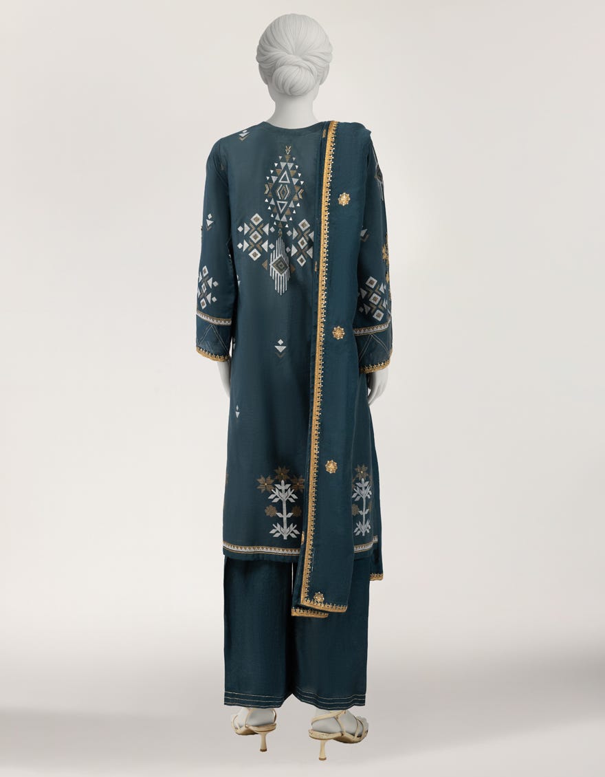 TEAL COTTON SILK EMBROIDERED STITCHED 3PC